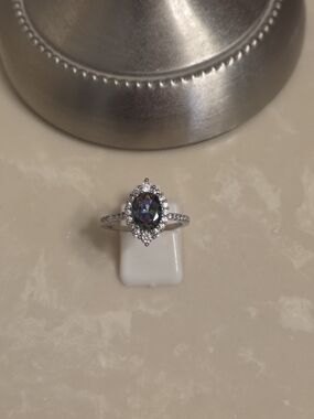 Silver CZ Mystic Topaz Halo Oval Ring Size 8.5